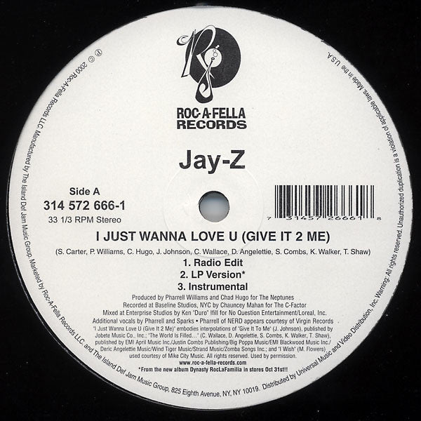 Jay-Z - I Just Wanna Love U (Give It 2 Me) (VINYL 12" SINGLE ROC-A-FELLA 314 572 666-1 2000) | Near Mint (NM or M-) Excellent+ (EX+) - HIP HOP / USED *NEAR MINT*