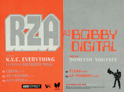 RZA as Bobby Digital - N.Y.C. Everything / Domestic Violence (VINYL 12" GEE STREET GVAB 33551-1 1999) | USED Near Mint (NM or M-) Excellent+ (EX+) - HIP HOP / USED *NEAR MINT*