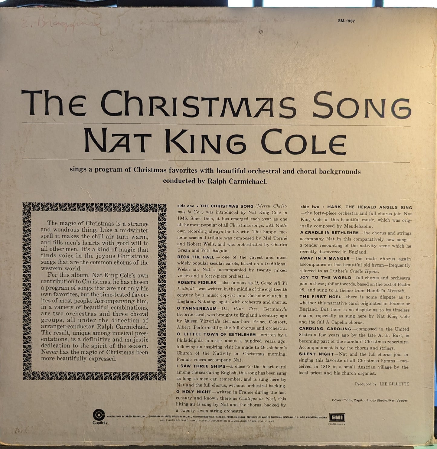 Nat King Cole The Christmas Song *YELLOW LABELS* LP Excellent (EX) Very Good (VG)
