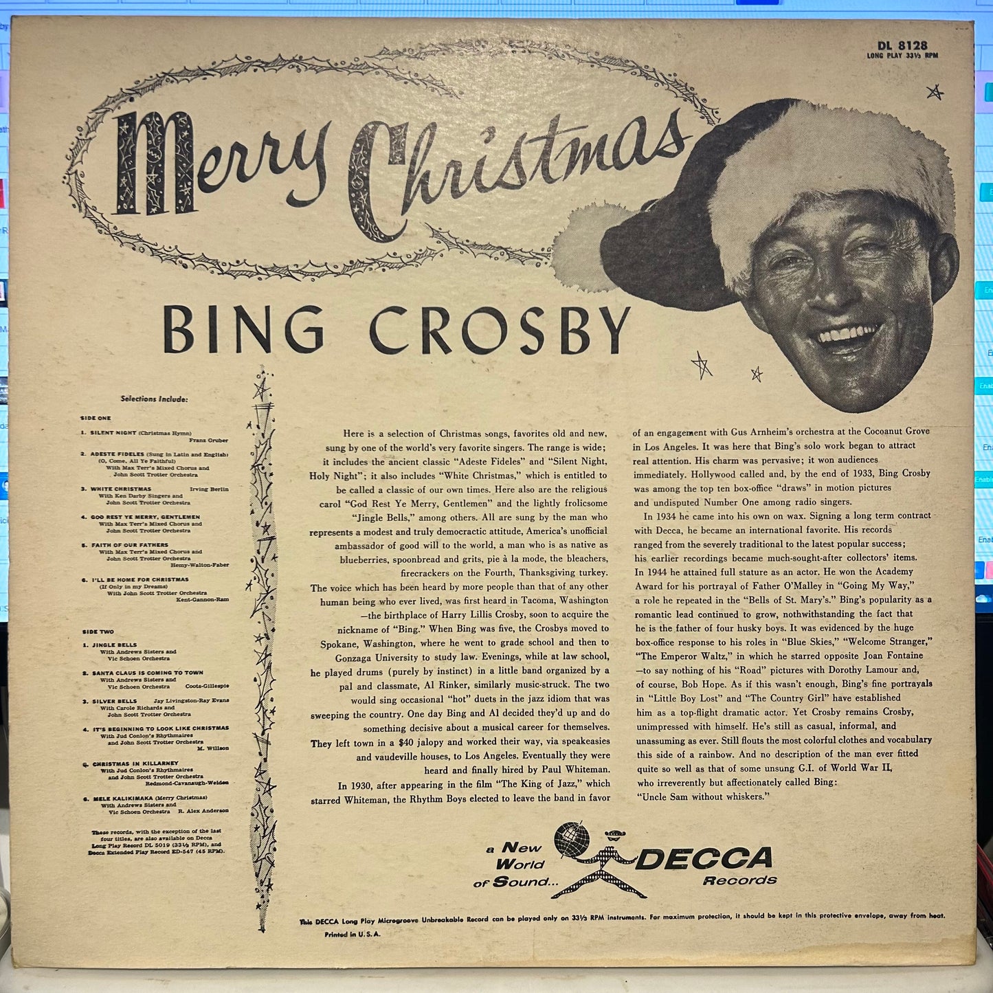 Bing Crosby Merry Christmas *GLOVERSVILLE/MONO* LP Good Plus (G+) Excellent (EX)