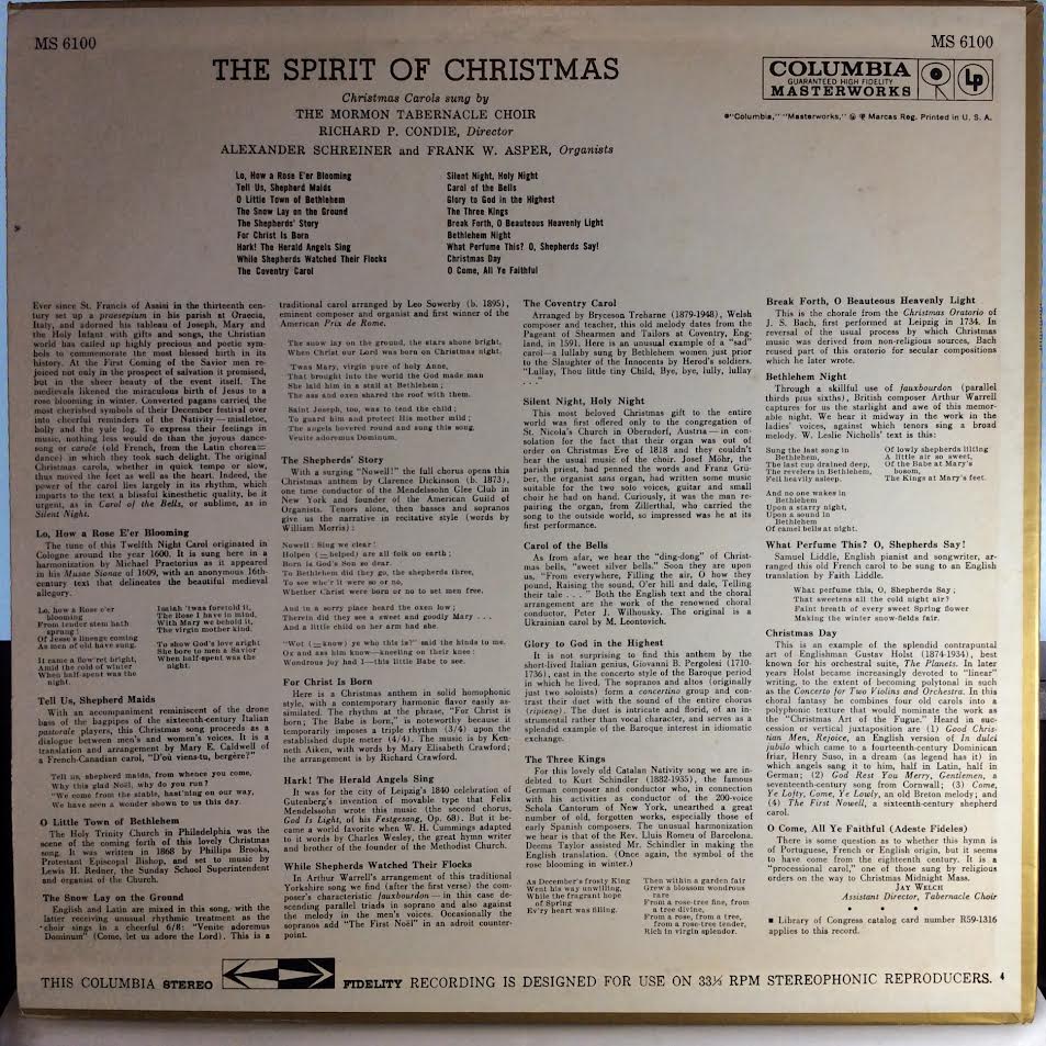 The Spirit Of Christmas: Christmas Carols Sung By The Mormon Tabernacle Choir (VINYL) | Near Mint (NM) Near Mint (NM) - HOLIDAY / USED *NEAR MINT*