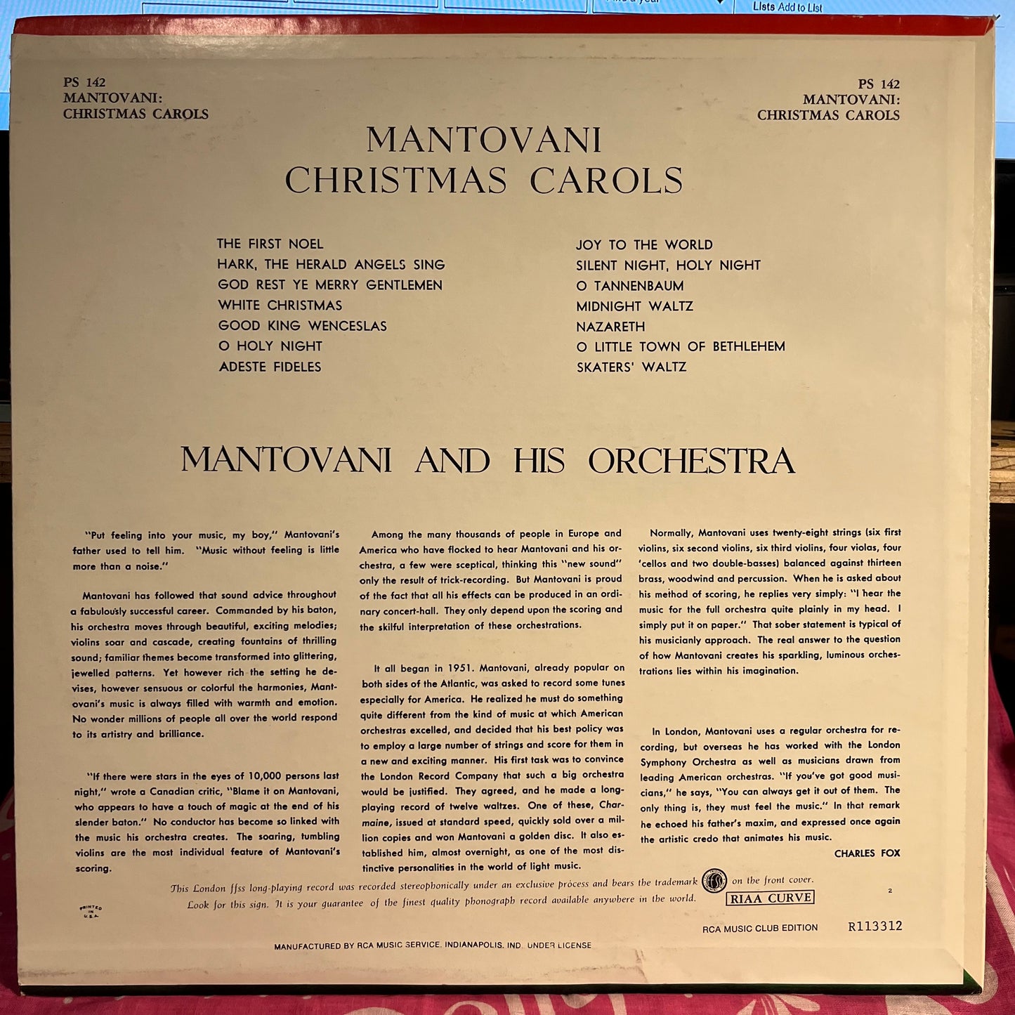 Mantovani And His Orchestra - Christmas Carols *CLUB* | Near Mint (NM) Very Good Plus (VG+) - HOLIDAY / USED *VERY GOOD++*