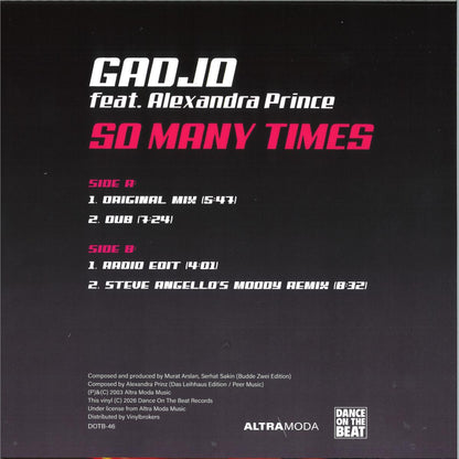 Gadjo feat. Alexandra Prince - So Many Times (PINK VINYL 12" Dance On The Beat DOTB-46) | NEW Mint (M) Mint (M) - HOUSE *NEW/COLOR*