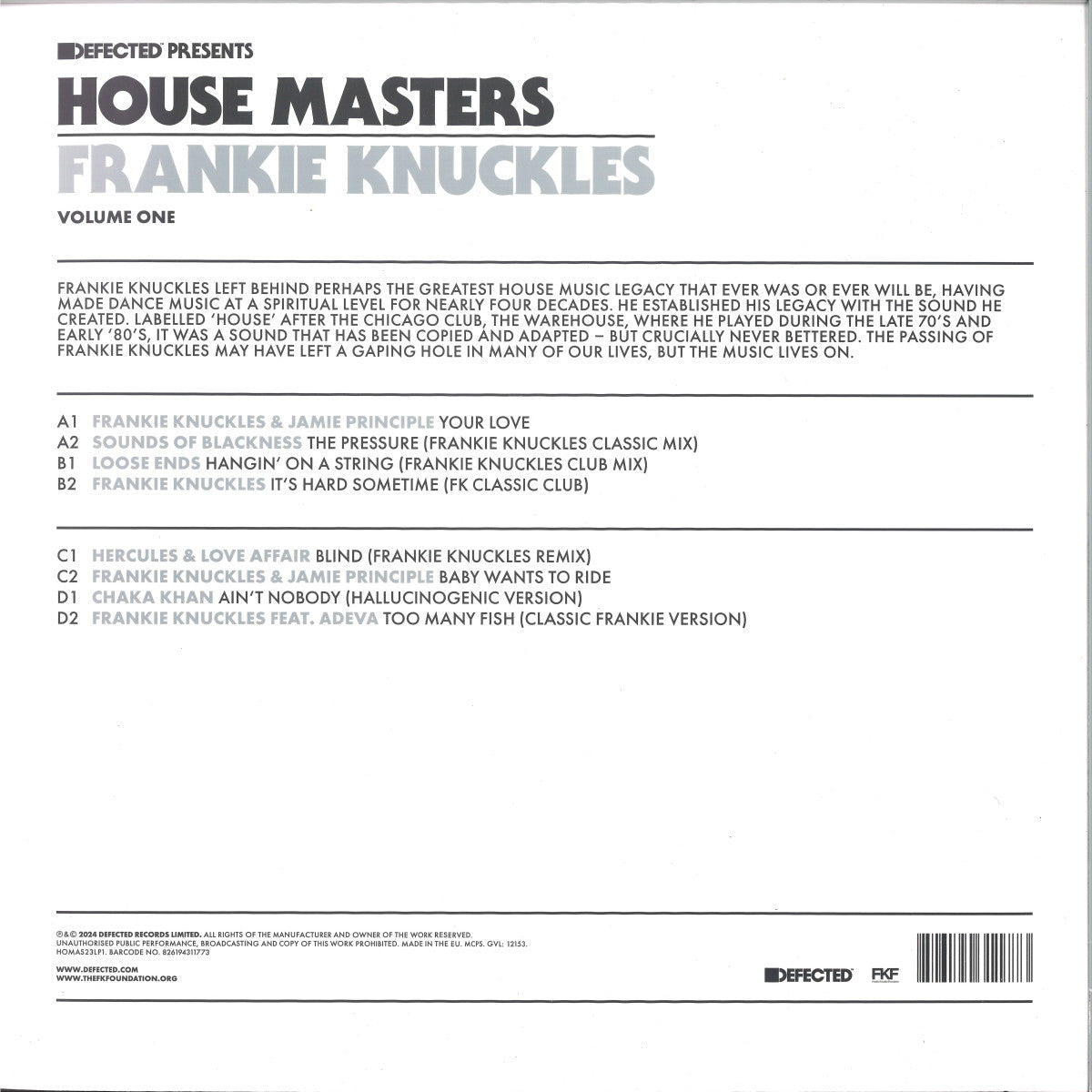 Frankie Knuckles - House Masters (Volume One) (VINYL 2x12" Defected) | NEW - HOUSE *NEW*