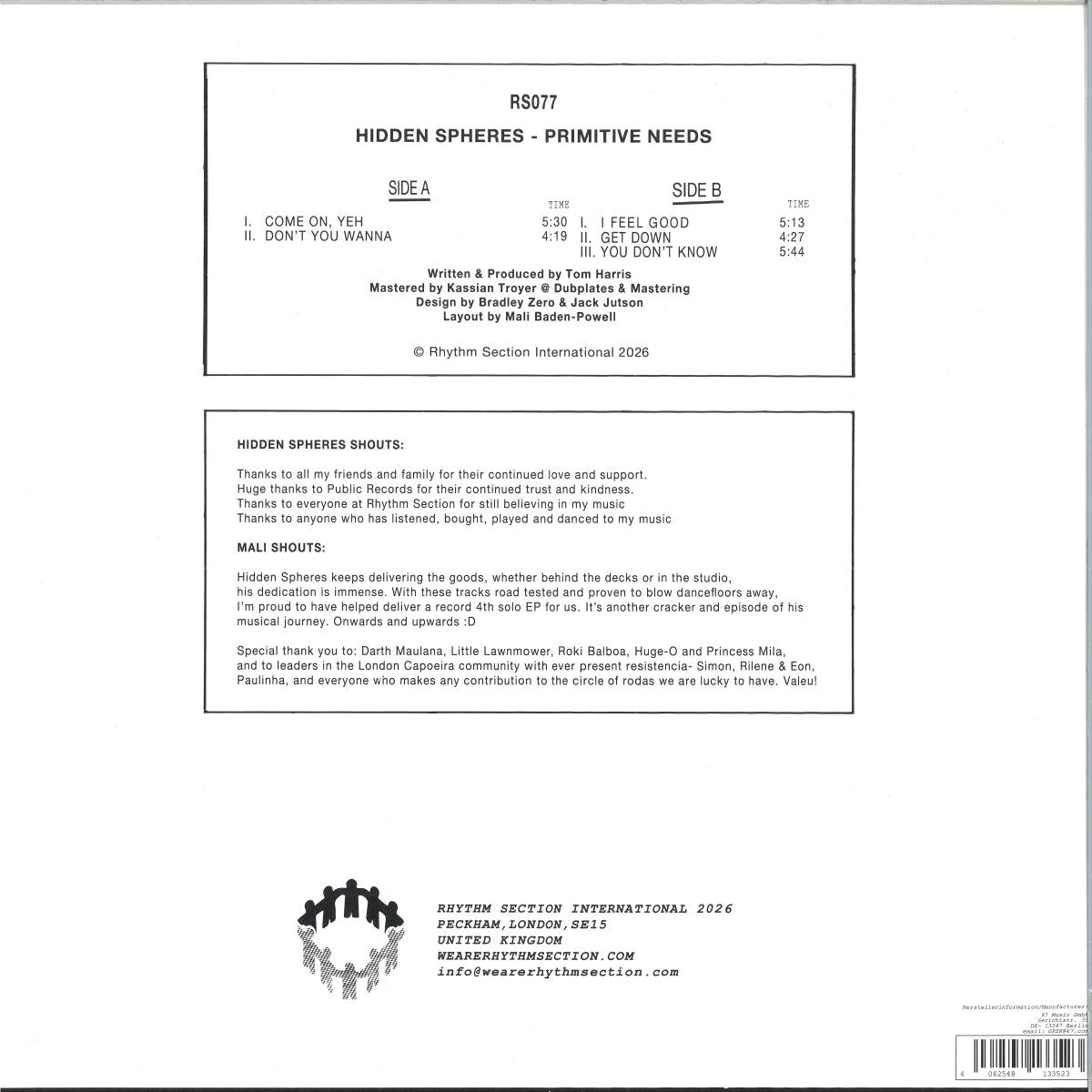 Hidden Spheres - Primitive Needs LP (VINYL LP Rhythm Section International RS077LP) | NEW Mint (M) Mint (M) - HOUSE *NEW*