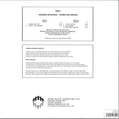 Hidden Spheres - Primitive Needs LP (VINYL LP Rhythm Section International RS077LP) | NEW Mint (M) Mint (M) - HOUSE *NEW*