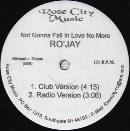 Ro' Jay - Not Gonna Fall In Love No More (VINYL 12" ROSE CITY MUSIC AR-10035 ) | Near Mint (NM or M-) Generic - HOUSE / USED *NEAR MINT*