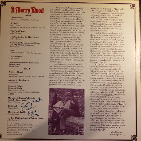 Linn Barnes - A Merry Mood: Renaissance Music for Two Lutes | Near Mint (NM) Near Mint (NM) - HOLIDAY / USED *NEAR MINT*