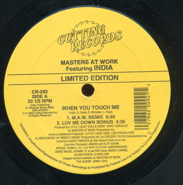 Masters At Work Featuring India - When You Touch Me (Remix)(VINYL 12") | USED Very Good Plus Plus (VG++) Excellent (EX) HOUSE