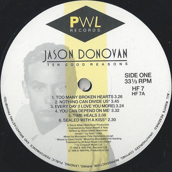 Jason Donovan Ten Good Reasons PWL Records, PWL Records LP, Album Very Good Plus (VG+) Very Good Plus (VG+)