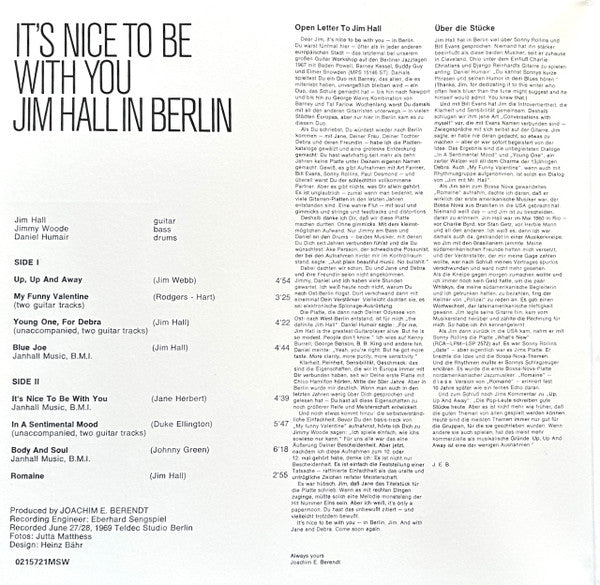 It's Nice To Be With You (Jim Hall In Berlin) (VINYL) | Mint (M) Mint (M) - JAZZ *SEALED*