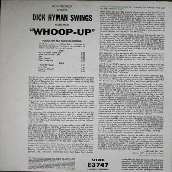 Dick Hyman - Swings Music From Whoop-Up (VINYL) | Excellent+ (EX+) Excellent+ (EX+) - JAZZ / USED *EXCELLENT+*