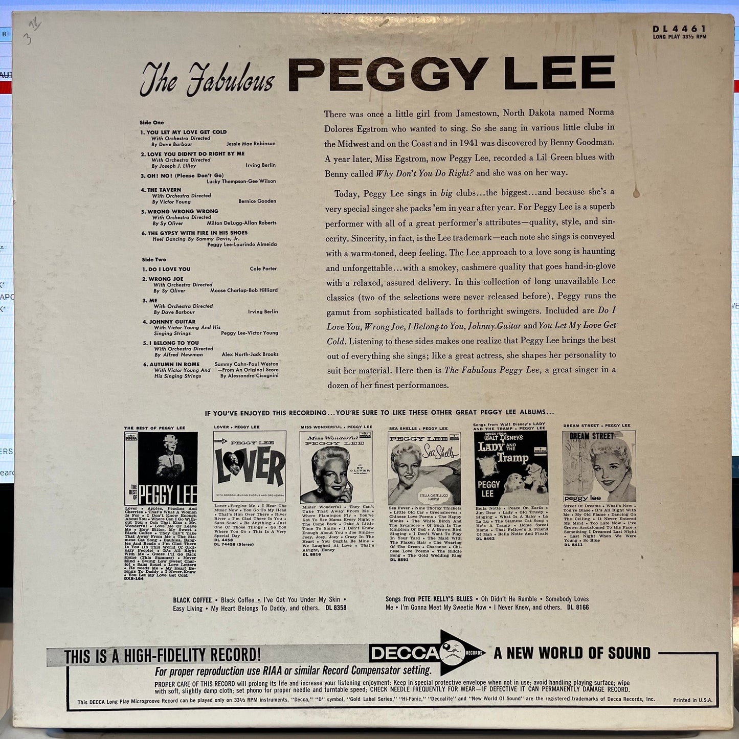 Peggy Lee - The Fabulous Peggy Lee | Excellent (EX) Near Mint (NM) - JAZZ / USED *EXCELLENT+*