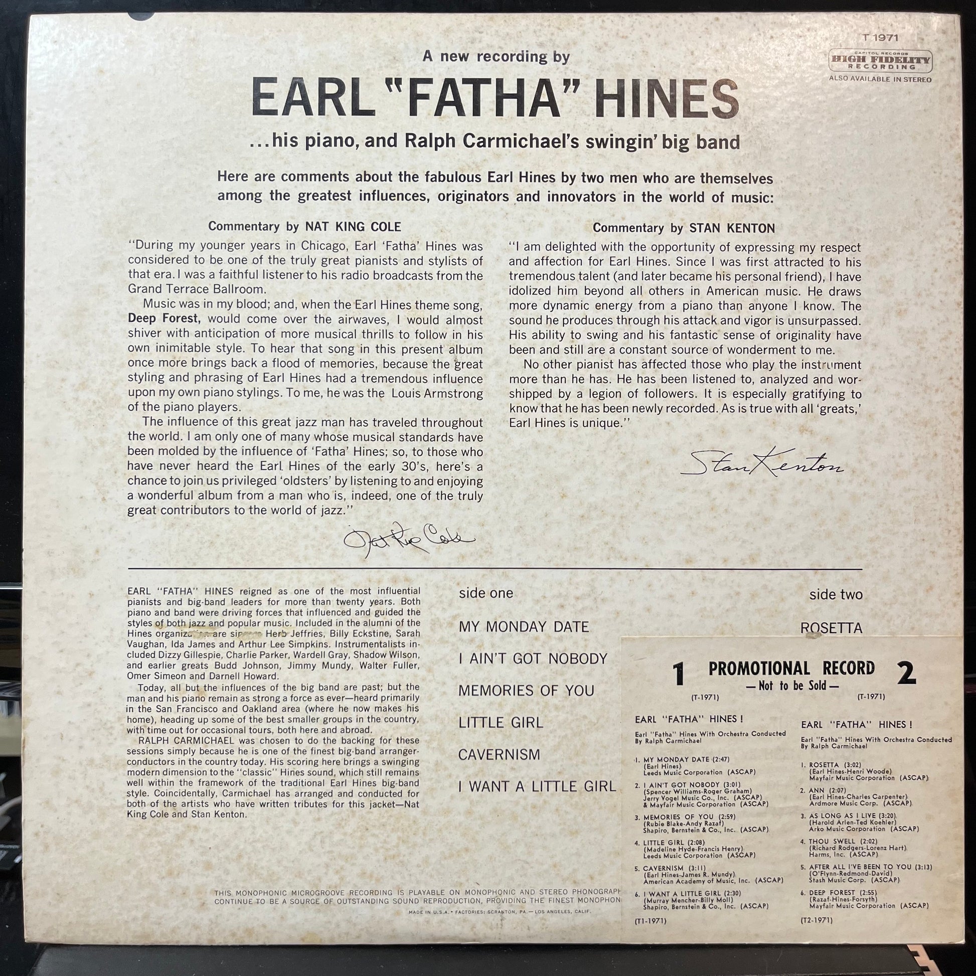 Earl Hines With Ralph Carmichael's Swingin' Big Ba - Earl "Fatha" Hines! (VINYL LP CAPITOL T-1971 1963) | USED Excellent (EX) Excellent (EX) - JAZZ / USED *EXCELLENT*