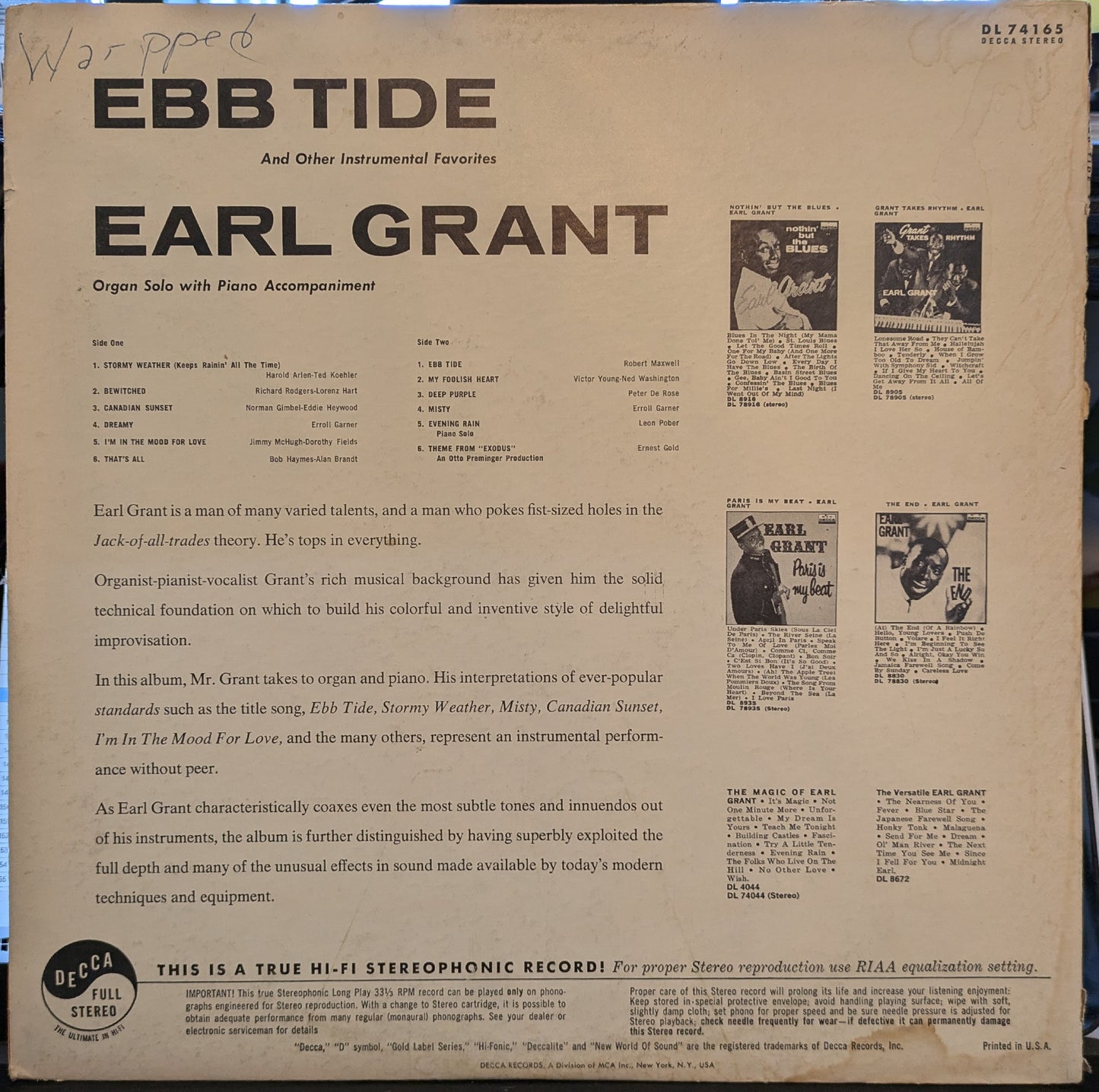 Earl Grant - Ebb Tide And Other Instrumental Favorites | Excellent (EX) Excellent (EX) - JAZZ / USED *EXCELLLENT+*