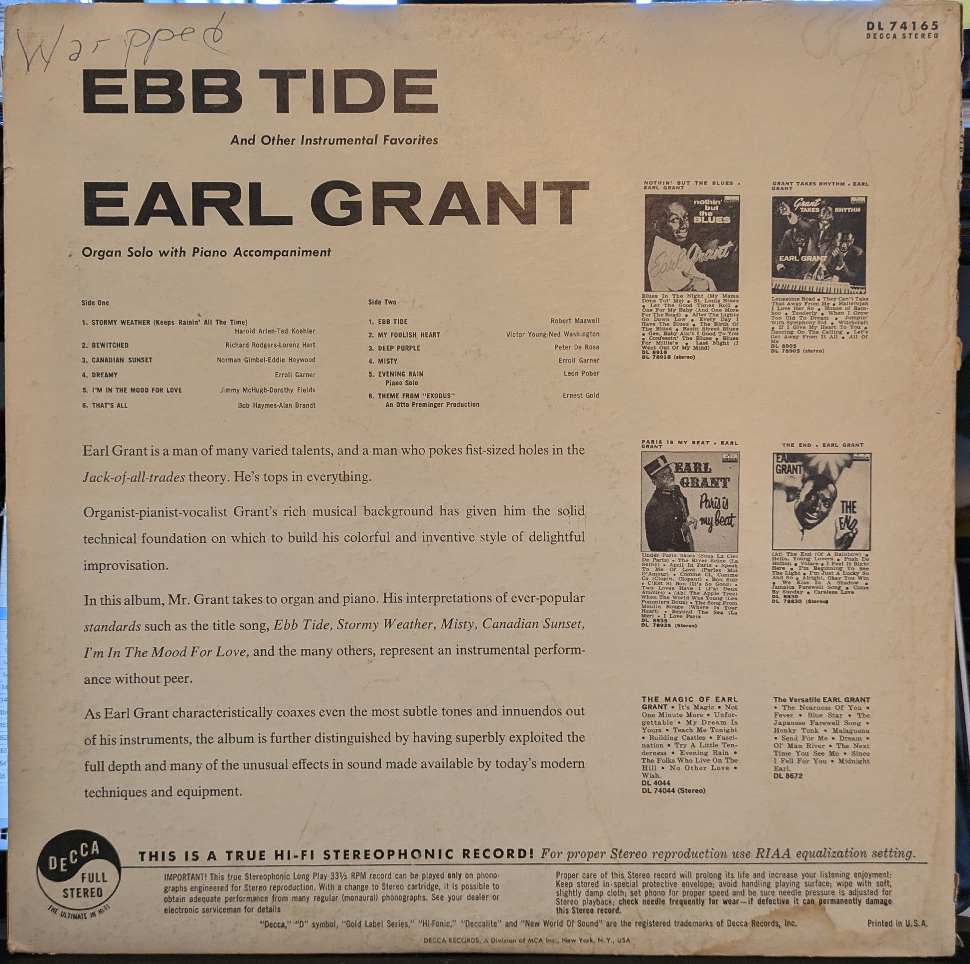 Earl Grant - Ebb Tide And Other Instrumental Favorites | Excellent (EX) Excellent (EX) - JAZZ / USED *EXCELLLENT+*