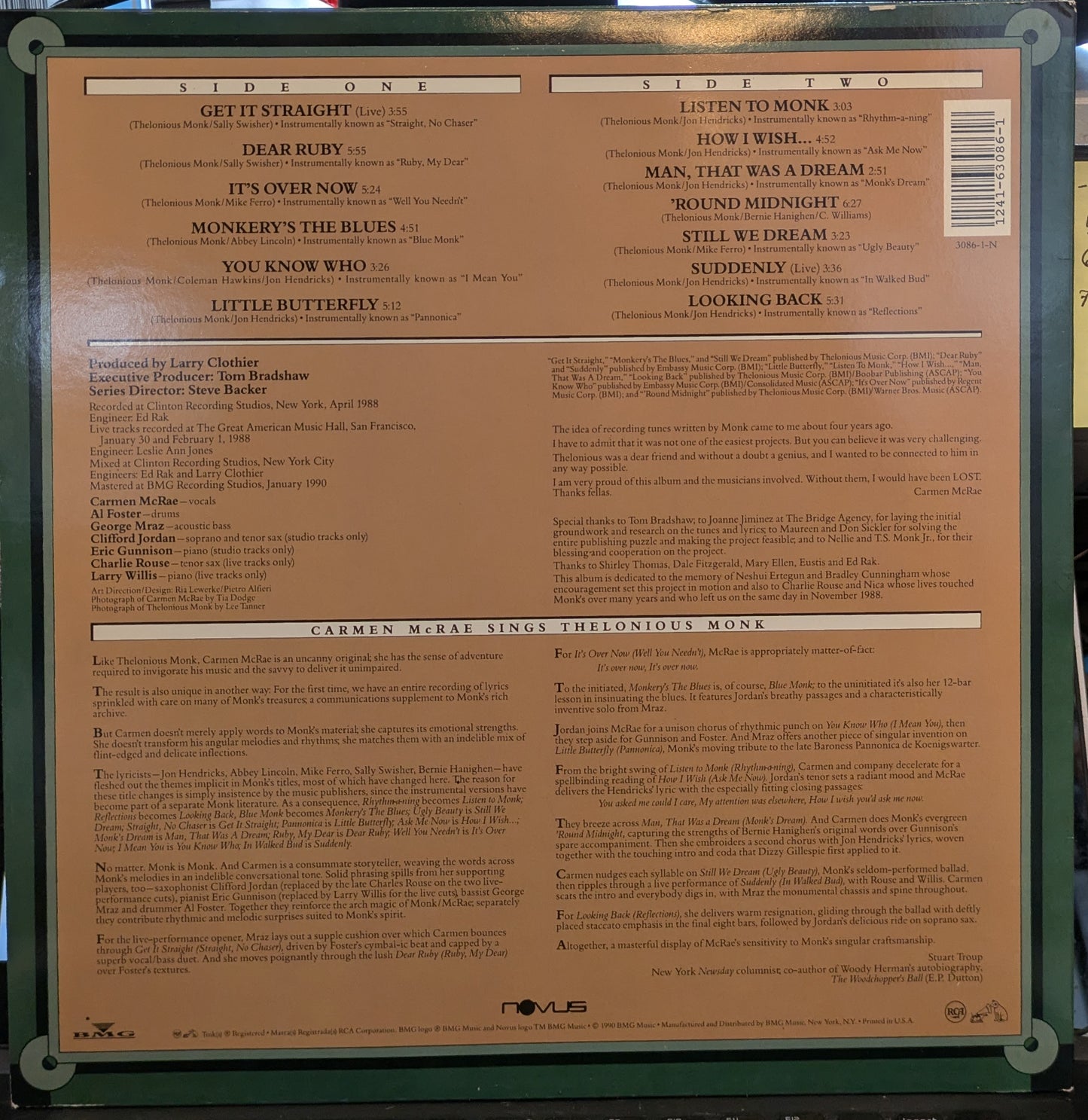 Carmen Sings Monk (VINYL) | Near Mint (NM) Near Mint (NM) - JAZZ / USED *NEAR MINT-*