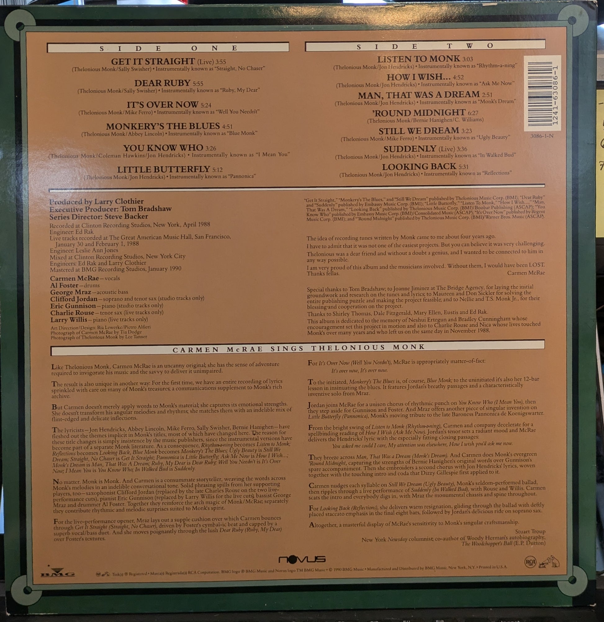 Carmen Sings Monk (VINYL) | Near Mint (NM) Near Mint (NM) - JAZZ / USED *NEAR MINT-*