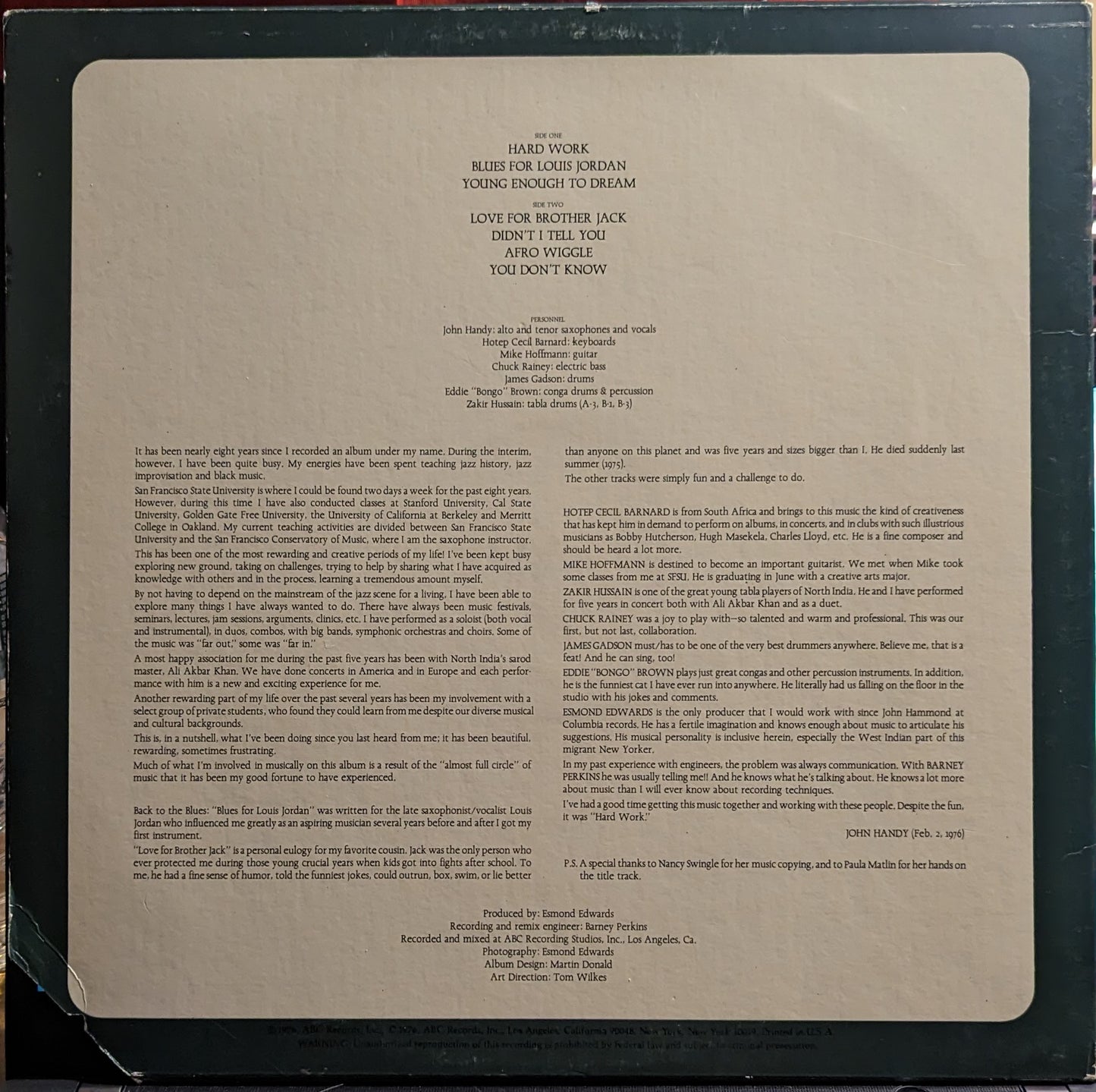 John Handy - Hard Work *TERRE HAUTE/PROMO* | Near Mint (NM) Excellent (EX) - JAZZ / USED *NEAR MINT*
