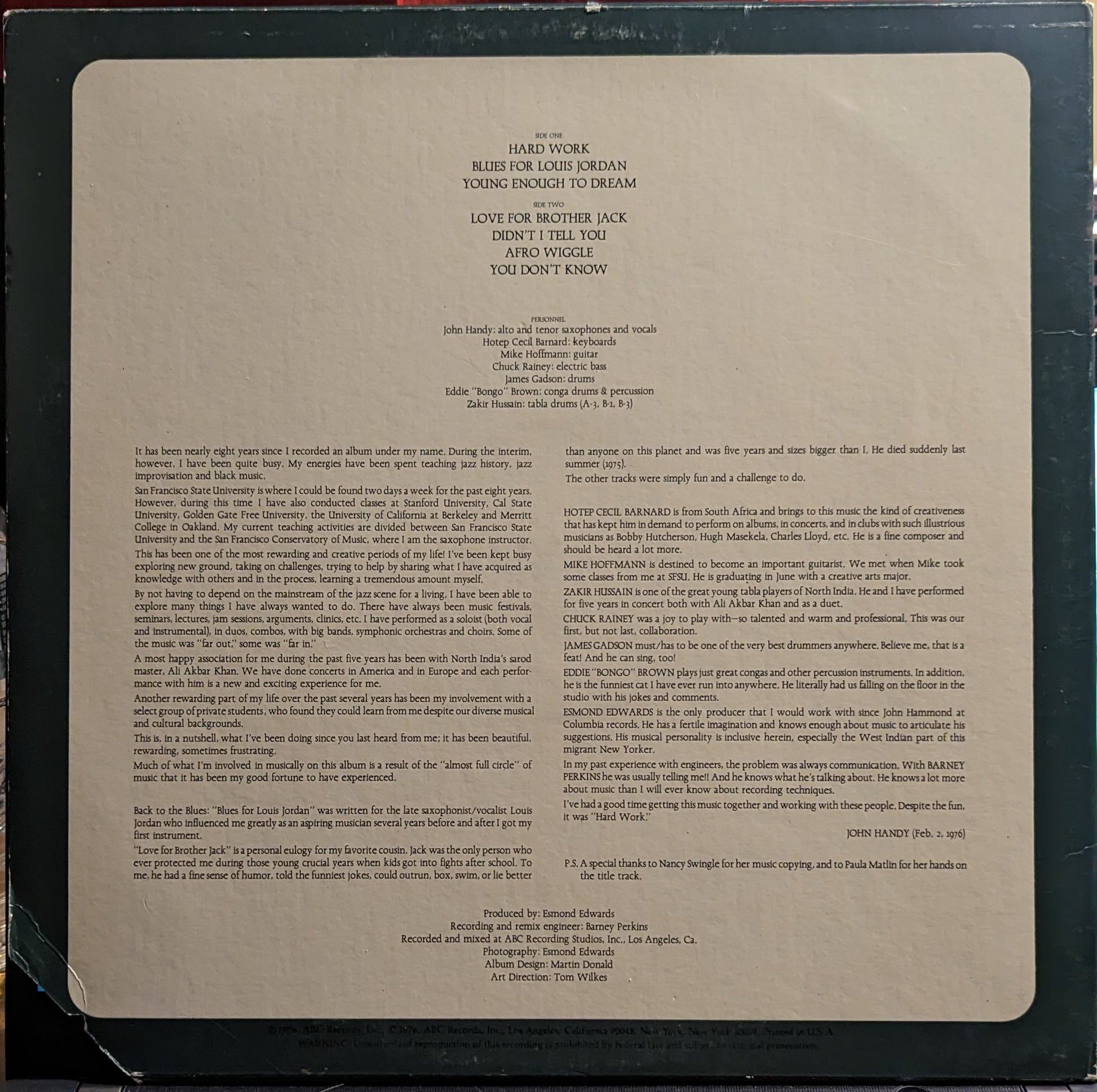 John Handy - Hard Work *TERRE HAUTE/PROMO* | Near Mint (NM) Excellent (EX) - JAZZ / USED *NEAR MINT*
