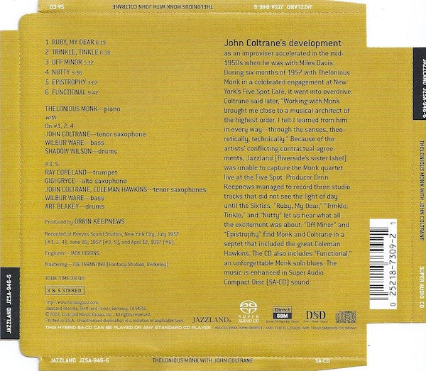 Thelonious Monk With John Coltrane (SACD) | Near Mint (NM) Excellent+ (EX+) - JAZZ / USED *NEAR MINT*