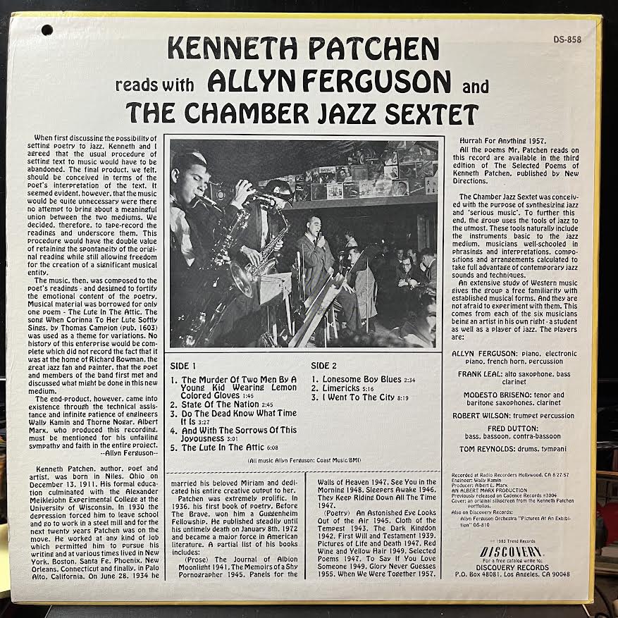 Kenneth Patchen Reads With Allyn Ferguson And The Chamber Jazz Sextet (VINYL) | Near Mint (NM or M-) Near Mint (NM) - JAZZ / USED *NEAR MINT*