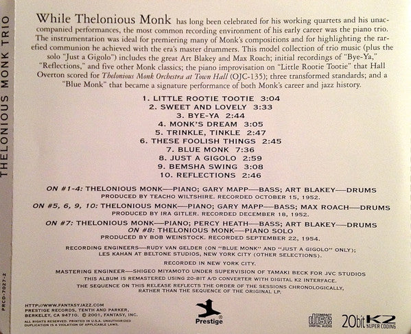 Thelonious Monk Trio (CD) | Near Mint (NM or M-) Near Mint (NM or M-) - JAZZ / USED *NEAR MINT*