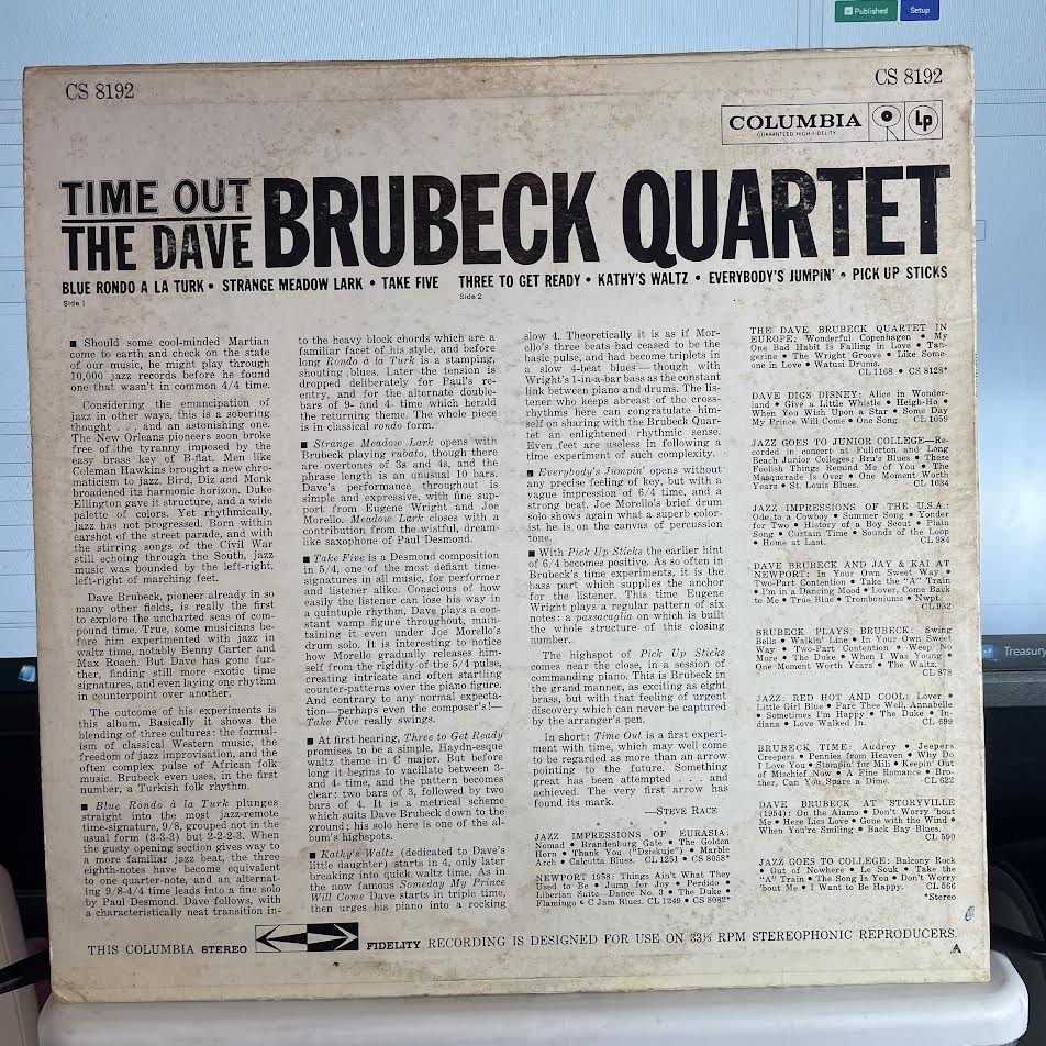 The Dave Brubeck Quartet - Time Out (VINYL) | VERY GOOD PLUS PLUS (VG++) Excellent (EX) - JAZZ / USED *VERY GOOD++*