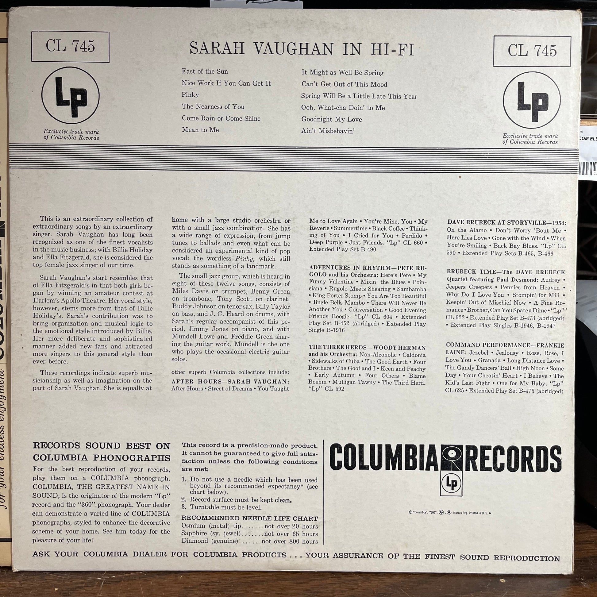 Sarah Vaughan In Hi-Fi (VINYL) | Very Good (VG) Excellent (EX) - JAZZ / USED *VERY GOOD*