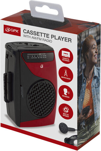 GPX CAS337 Portable Cassette Player with AM/FM Radio/Voice Record (Red, Black, Cassette Player) |