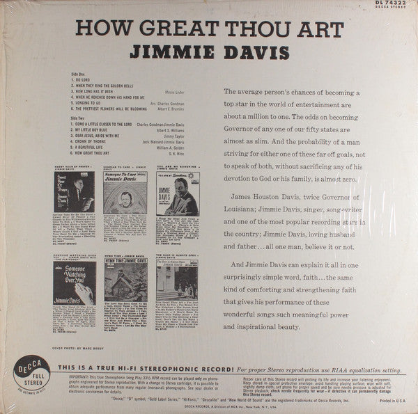 Jimmie Davis How Great Thou Art Decca LP, Album, RP Very Good Plus (VG+) Very Good Plus (VG+)