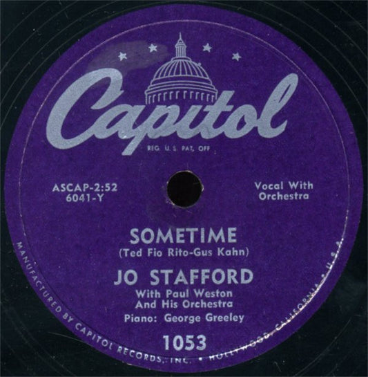 Jo Stafford With Paul Weston And His Orchestra Sometime / No Other Love Capitol Records Shellac, 10" Very Good (VG) Generic