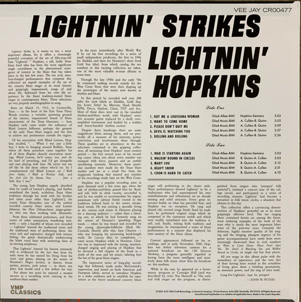 Lightnin' Hopkins Lightnin' Strikes Vee Jay Records LP, Album, Mono, Club, RE, 180 Mint (M) Mint (M)