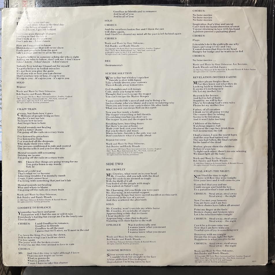 Blizzard Of Ozz (VINYL) | Excellent (EX) Excellent+ (EX+) - METAL / USED *EXCELLENT*