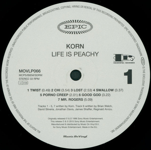 Korn - Life Is Peachy (180G VINYL LP) | Near Mint (NM or M-) Near Mint (NM) - METAL / USED *NEAR MINT*