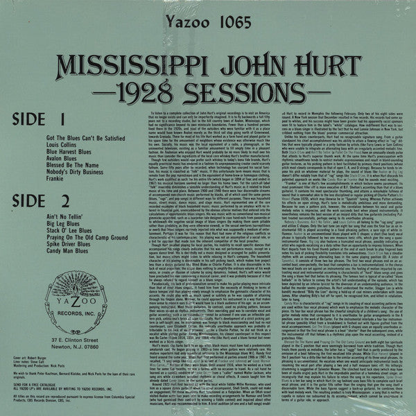 Mississippi John Hurt 1928 Sessions Yazoo LP, Comp, Ltd, RE, 180 Mint (M) Mint (M)