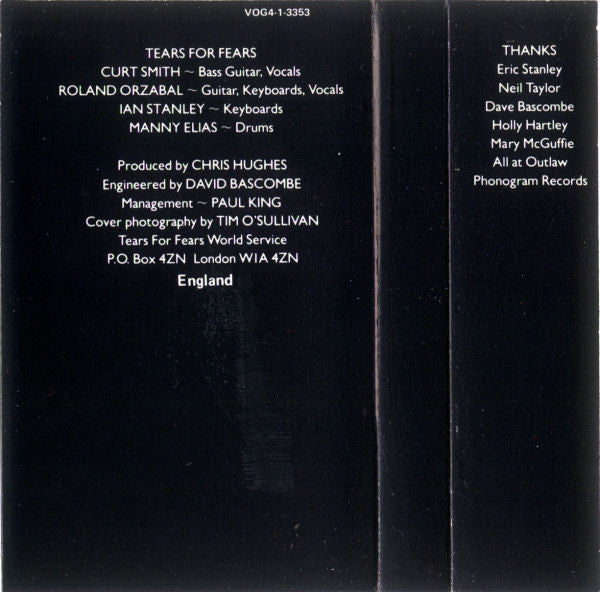 Tears For Fears - Songs From The Big Chair (CASS) | Excellent (EX) Excellent (EX) - NEW WAVE / USED *EXCELLENT*