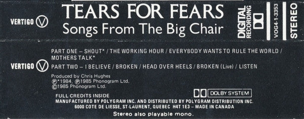 Tears For Fears - Songs From The Big Chair (CASS) | Excellent (EX) Excellent (EX) - NEW WAVE / USED *EXCELLENT*