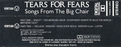 Tears For Fears - Songs From The Big Chair (CASS) | Excellent (EX) Excellent (EX) - NEW WAVE / USED *EXCELLENT*