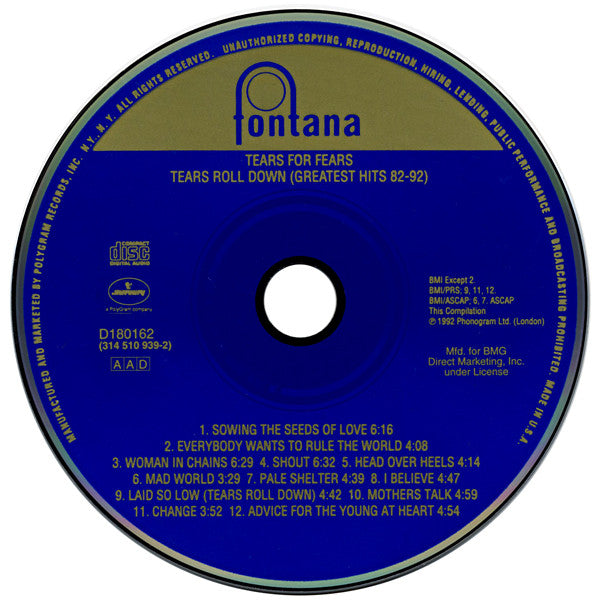 Tears Roll Down (Greatest Hits 82-92) (CD) | Near Mint (NM) Near Mint (NM) - NEW WAVE / USED *NEAR MINT*
