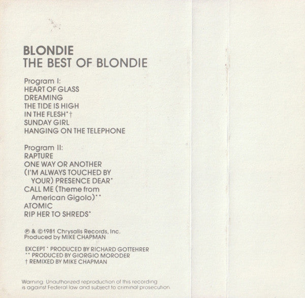 Blondie - The Best Of Blondie *CASSETTE* | Near Mint (NM) Near Mint (NM) - NEW WAVE / USED *NEAR MINT*