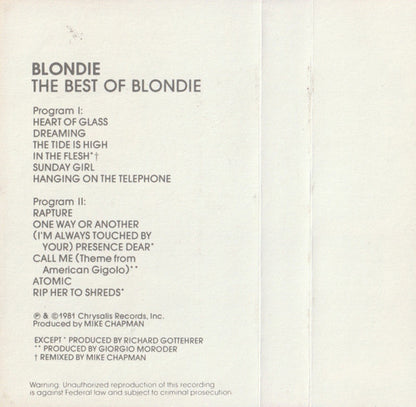 Blondie - The Best Of Blondie *CASSETTE* | Near Mint (NM) Near Mint (NM) - NEW WAVE / USED *NEAR MINT*