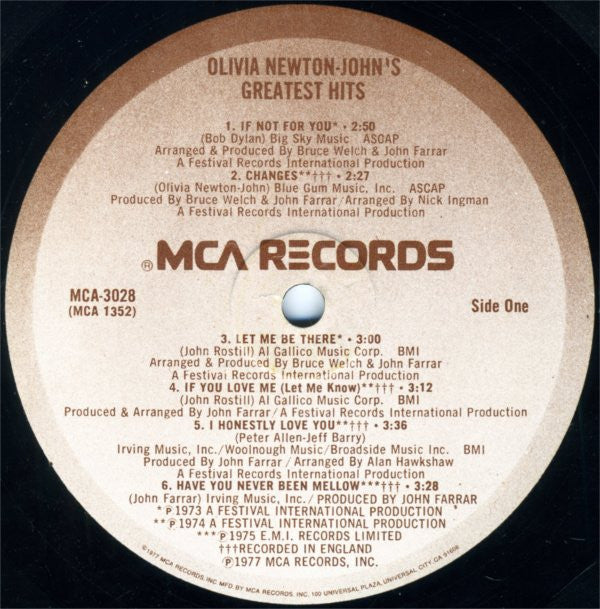 Olivia Newton-John Olivia Newton-John's Greatest Hits MCA Records LP, Comp, Glo Very Good Plus (VG+) Very Good Plus (VG+)