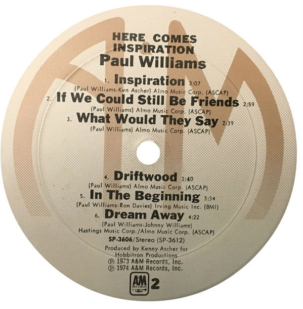 Paul Williams (2) Here Comes Inspiration A&M Records LP, Album Near Mint (NM or M-) Very Good Plus (VG+)