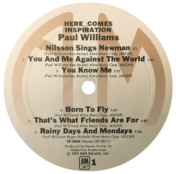 Paul Williams (2) Here Comes Inspiration A&M Records LP, Album Near Mint (NM or M-) Very Good Plus (VG+)