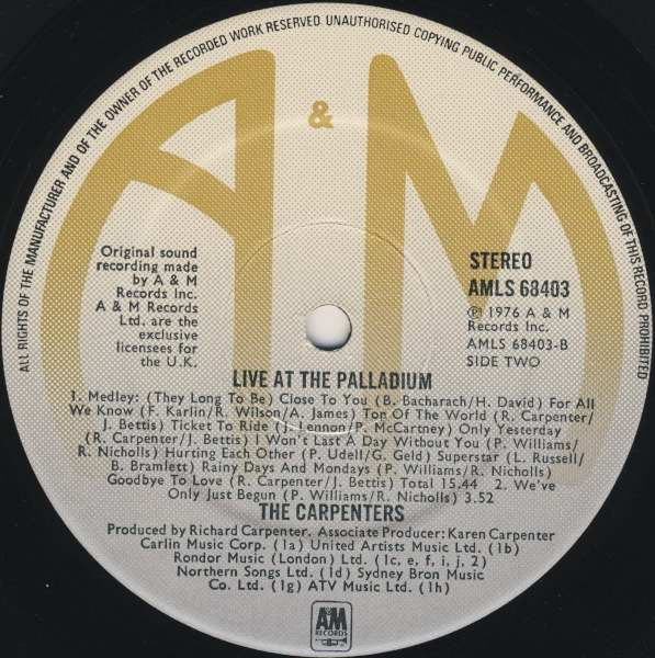 Carpenters - Live At The Palladium *UK - IMPORT* | Excellent (EX) Near Mint (NM) - POP / USED *EXCELLENT+*