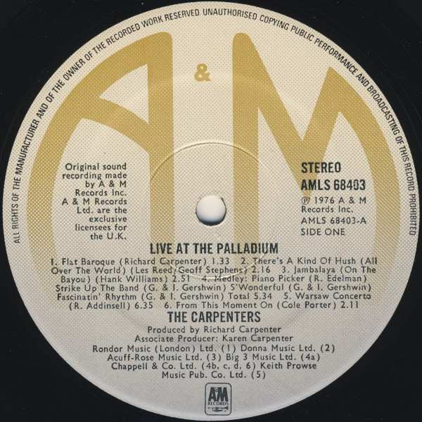 Carpenters Live At The Palladium *UK - IMPORT* LP Excellent (EX) Near Mint (NM or M-)