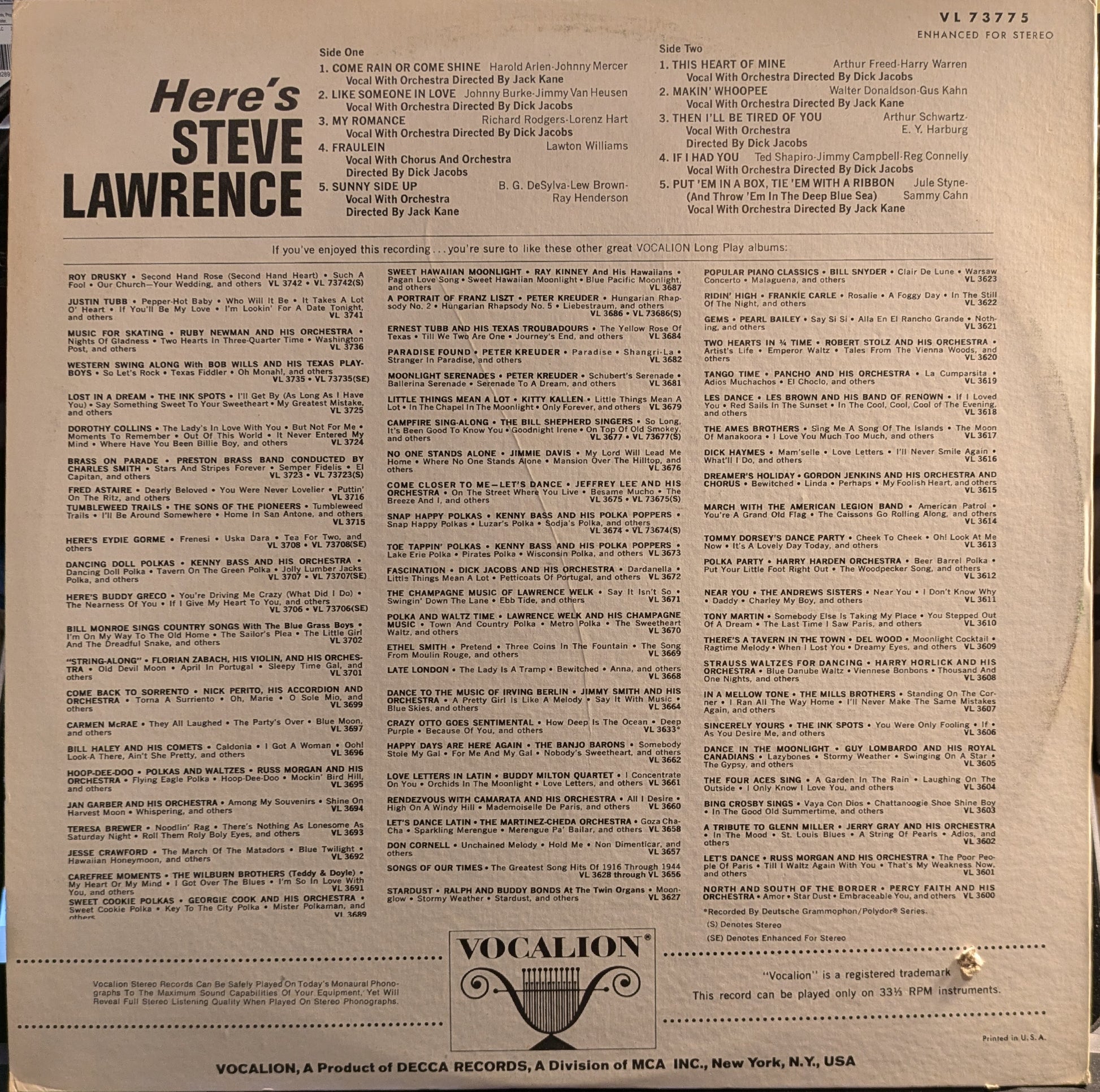 Steve Lawrence (2) - Here's Steve Lawrence | Excellent (EX) Excellent (EX) - POP / USED *EXCELLENT*