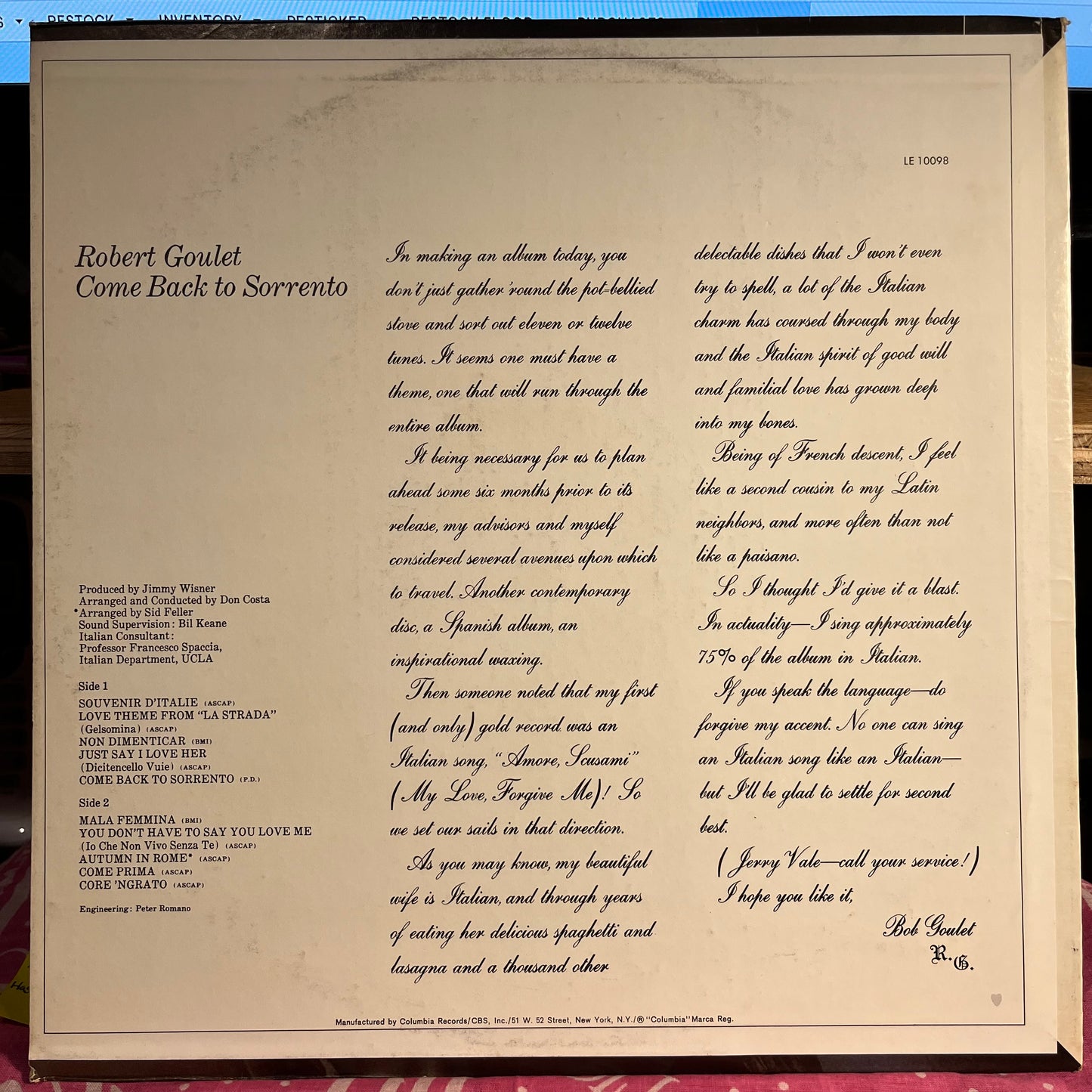 Robert Goulet - Come Back To Sorrento | Near Mint (NM) Near Mint (NM) - POP / USED *NEAR MINT*