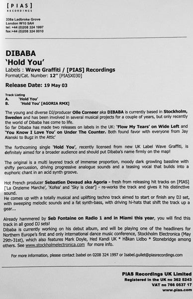 Dibaba - Hold You | Near Mint (NM) Generic - PROGRESSIVE / USED *NEAR MINT*